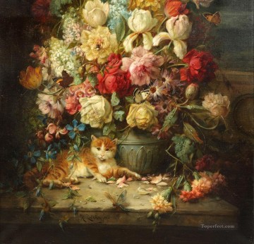 chat sous les fleurs Hans Zatzka Peinture à l'huile
